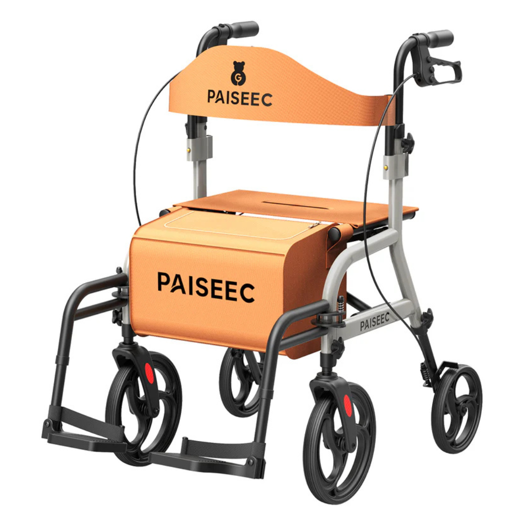 The Paiseec R1 2-in-1 Rollator Walker Transport Chair features an eye-catching orange design, four large wheels, two handlebars, and a storage compartment under the seat. Its sturdy yet compact foldable structure ensures easy transportation and added convenience.